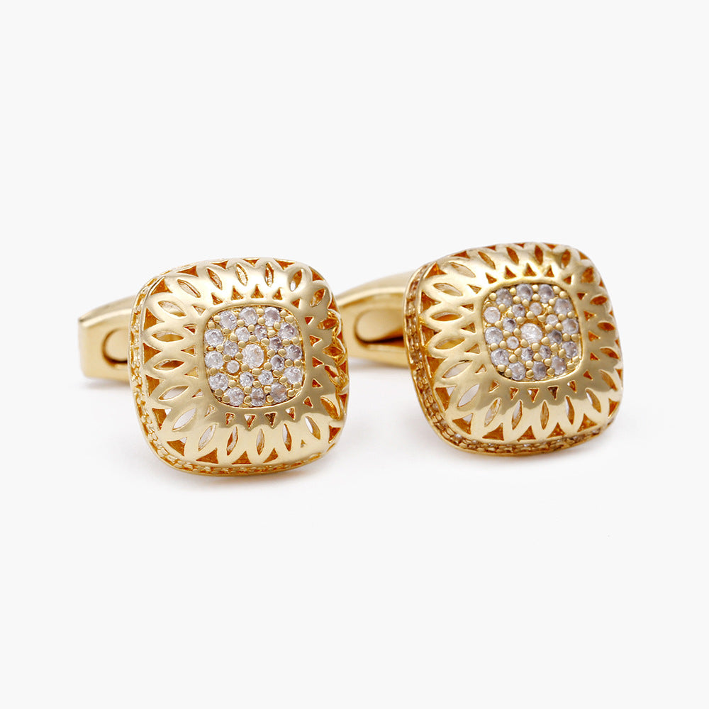 Men's Cufflinks Gold Hollow Diamond Square Copper Cufflinks